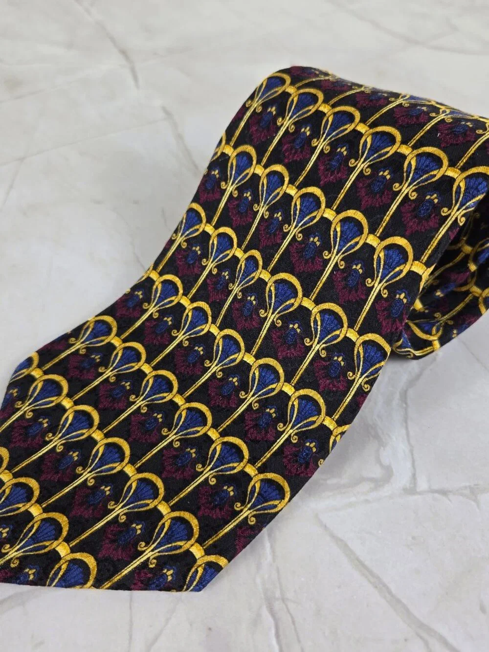 Adolfo 100% Silk Men's Tie Dark Red Blue Gold Repeating Pattern Office Gifts